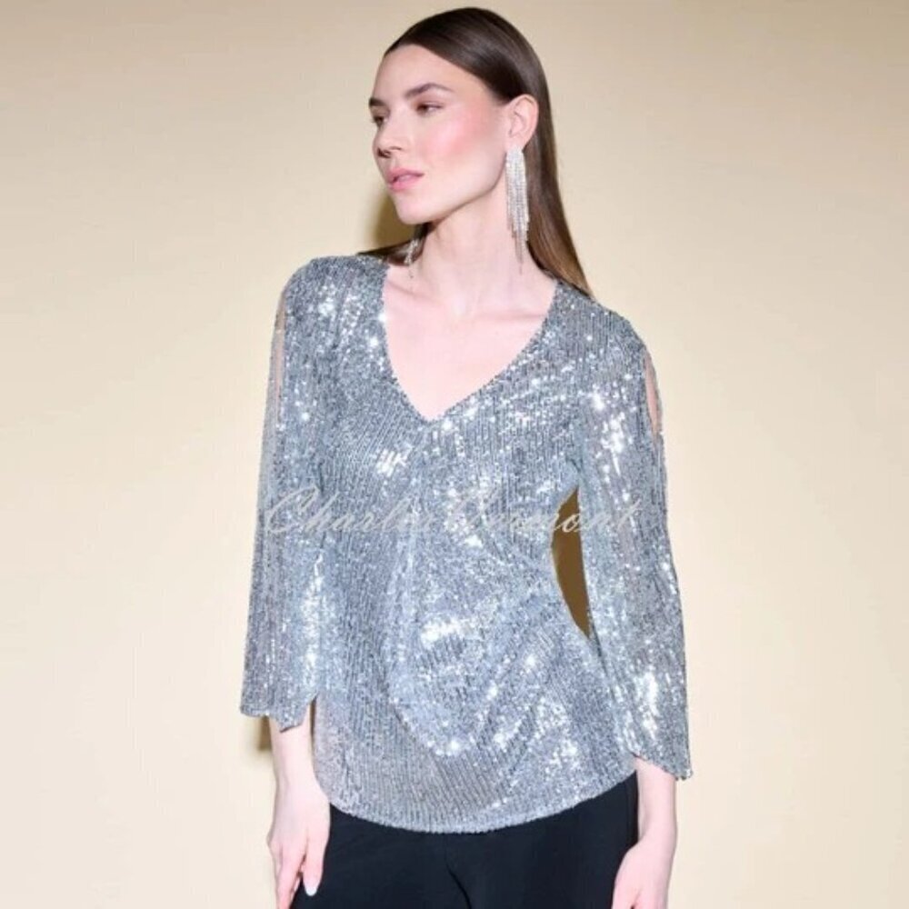 Joseph Ribkoff Sequin V Neck Top Silver Womens Size 8 Split Sleeves Party Formal